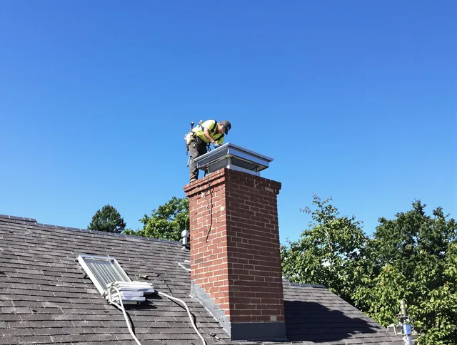 Stallings Chimney Sweep technician measuring a chimney cap in Stallings, NC