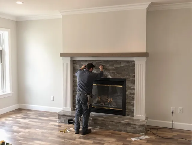 Stallings Chimney Sweep finishing a custom fireplace install in Stallings, NC